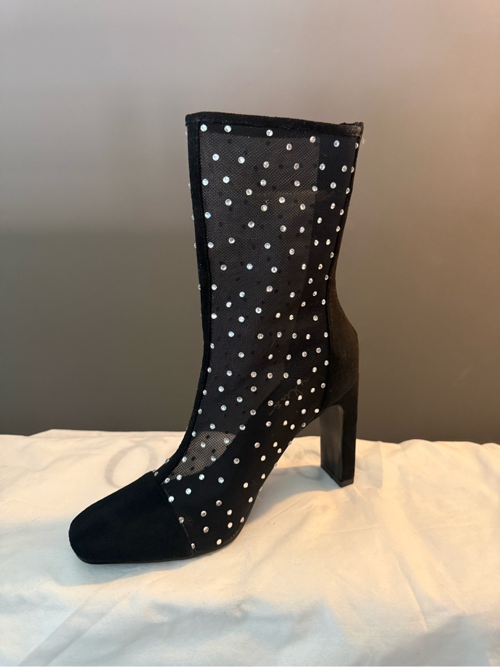 Lulu’s Black Suede & Mesh + Crystal Polka-Dot Mid-Calf Heeled Boots
